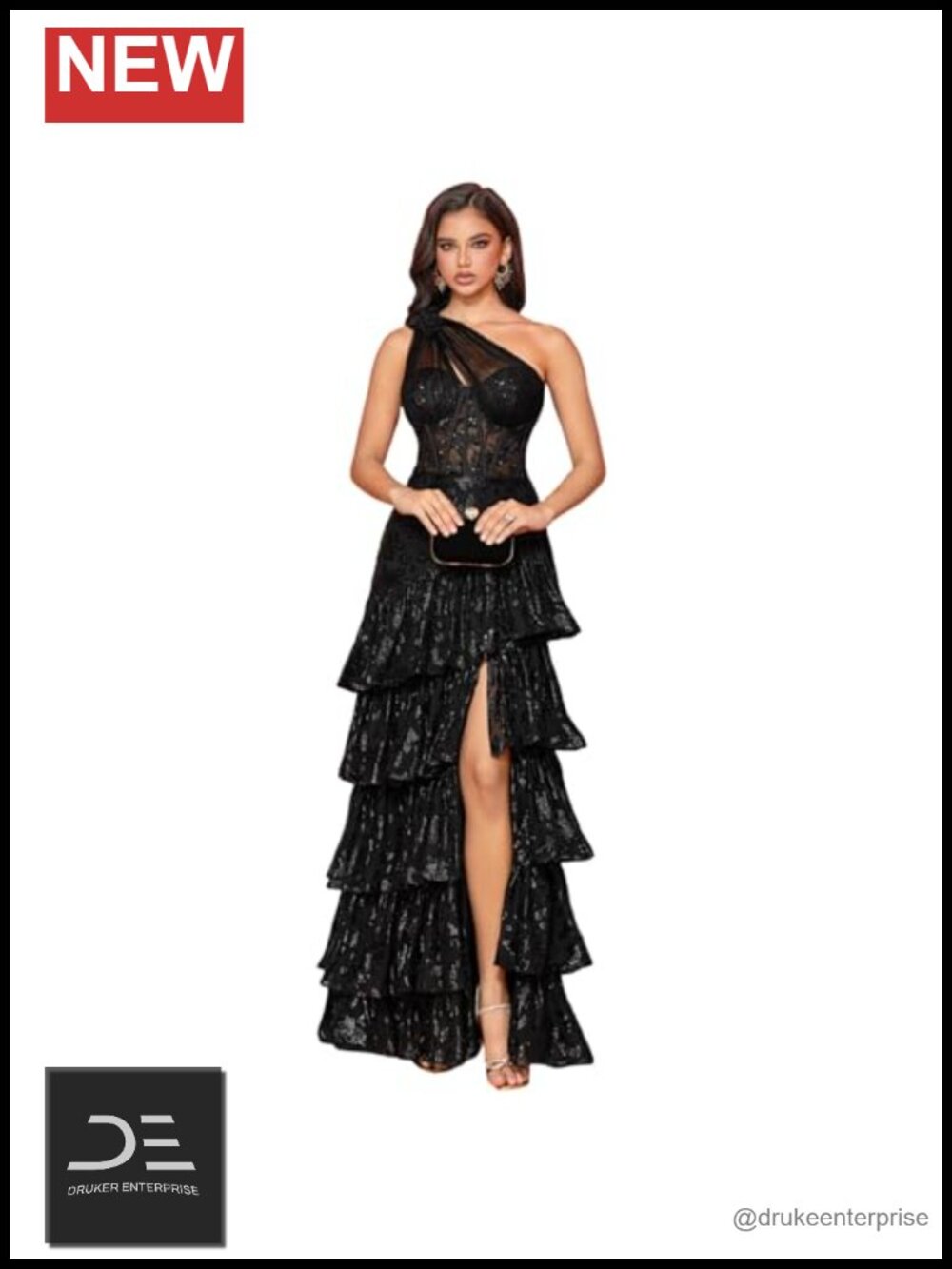 One Shoulder Maxi Dress Embroidered Sequin Semi-Sheer Formal Gown